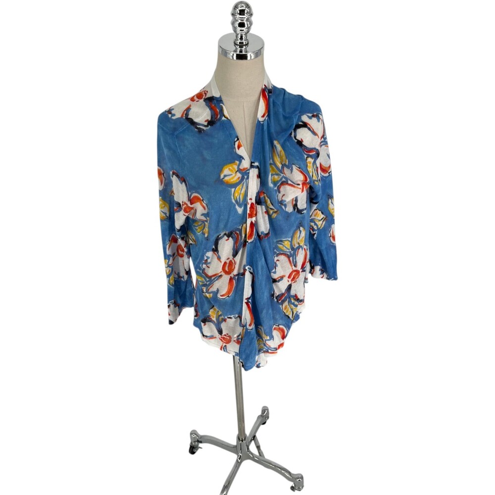Chicos Cardigan Women Size XL Blue Floral Pattern Lightweight Soft